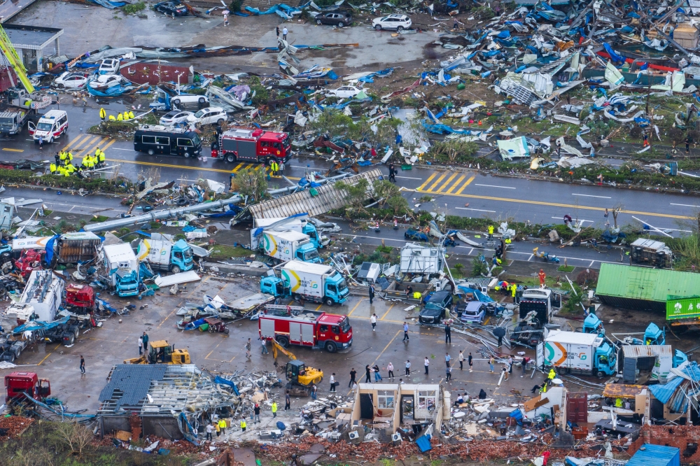 An aerial drone photo taken on July 7, 2026 shows a view of the tornado-hit area in Huanggang City, central China's hubei Province. Rescue operations have been underway since the city was hit by an EF2 tornado on Monday evening. (Xinhua/Wu Zhizun)