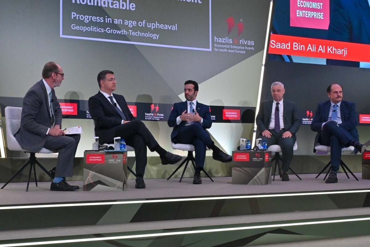 Chairman of Qatar Tourism H E Saad bin Ali Al Kharji speaking at a session during the 30th Annual Economist Government Roundtable, in Athens, Greece. 
