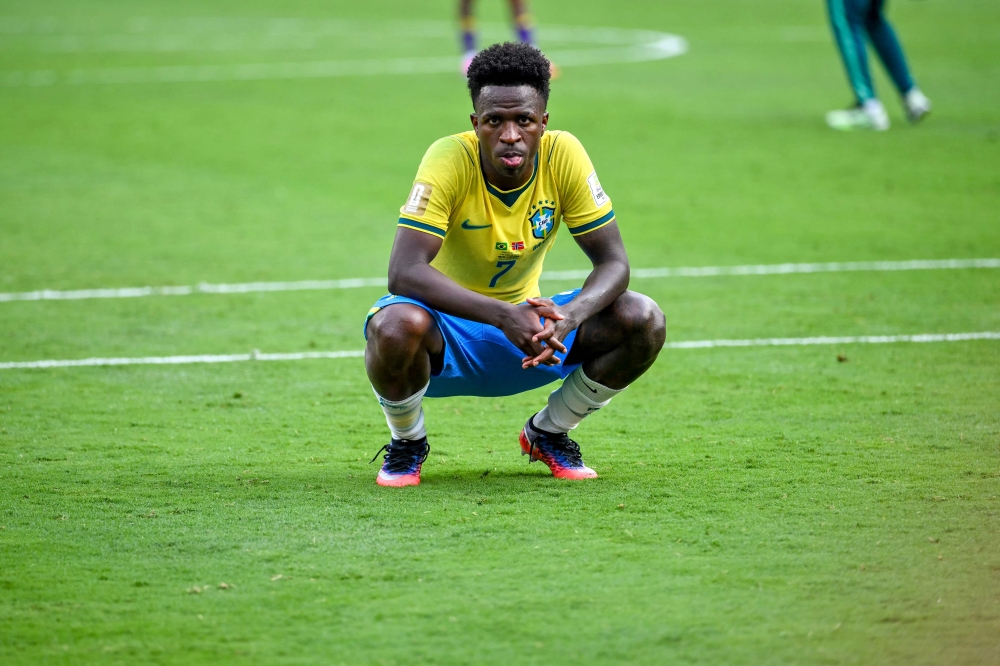 (FILES) Brazil's forward #07 Vinicius Junior reacts after the 2026 World Cup round of 16 football match between Brazil and Norway at the New York/New Jersey Stadium in East Rutherford on July 5, 2026. (Photo by ANGELA WEISS / AFP)