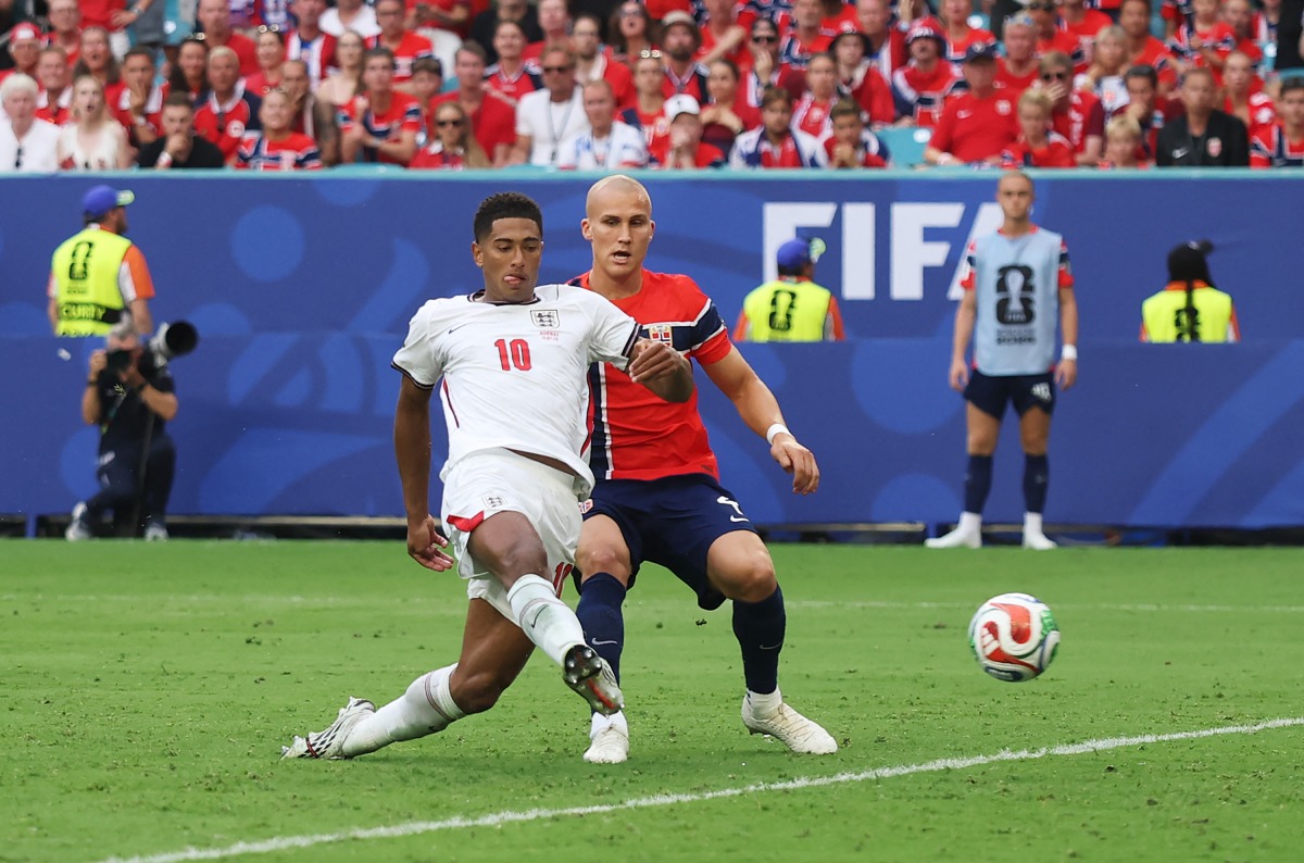 Jude Bellingham (left) of England scores his team’s second goal against Norway.