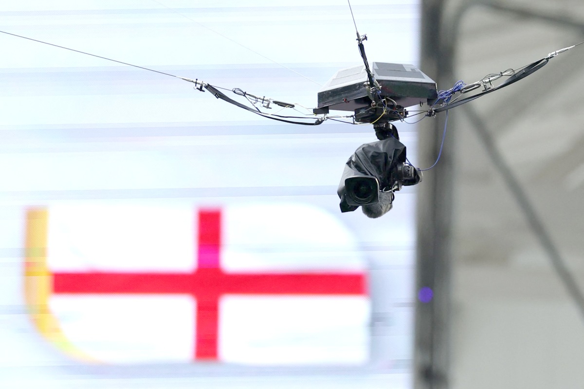 The spidercam is seen during the match between Norway and England at Miami Stadium on Saturday.