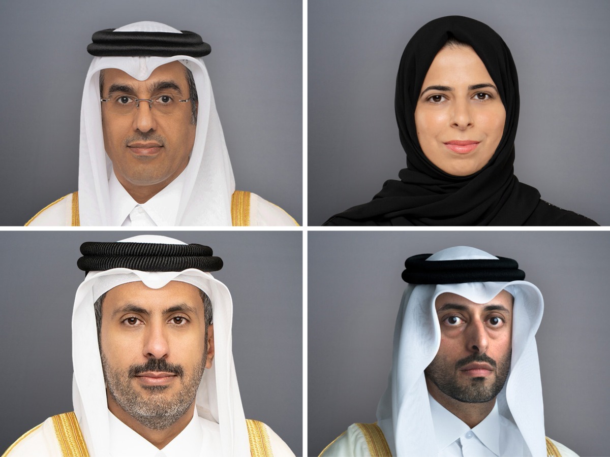Clockwise from top left: Minister of Labour H E Dr. Ali bin Smaikh Al Marri, Minister of Education and Higher Education H E Lolwah bint Rashid bin Mohammed Al Khater, Minister of Municipality H E Abdullah bin Hamad bin Abdullah Al Attiyah and Minister of Commerce and Industry H E Sheikh Faisal bin Thani bin Faisal Al Thani.