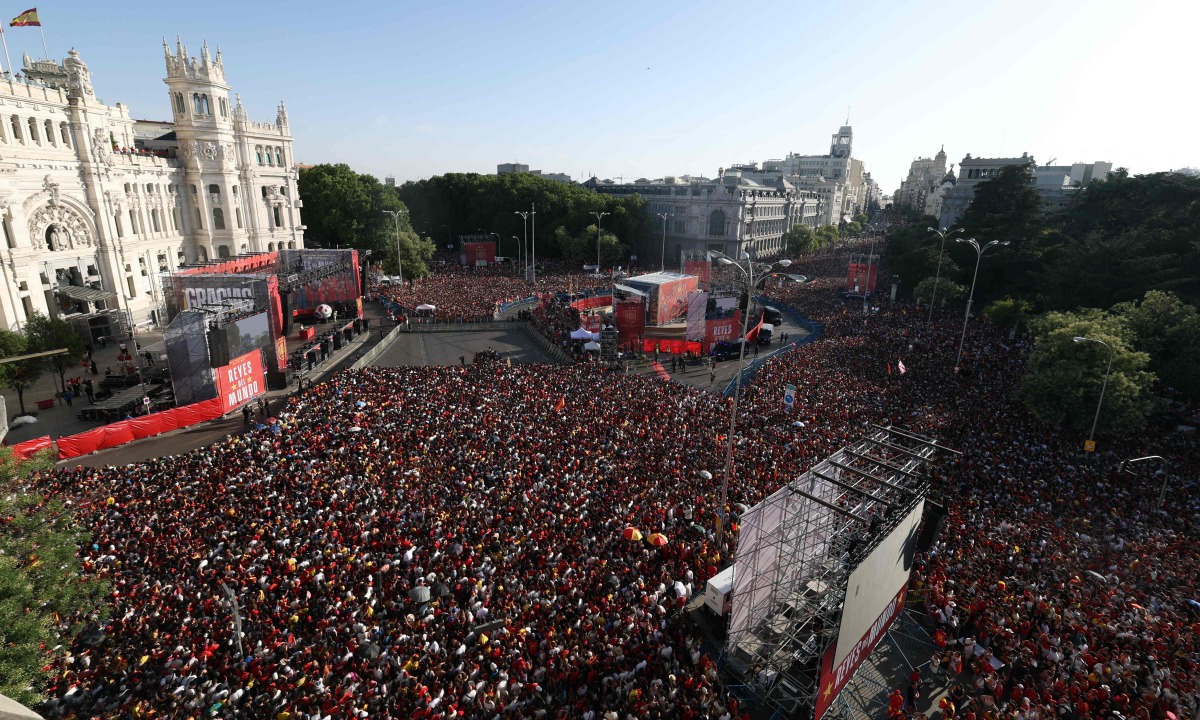 Spain fans pack Cibeles Square in Madrid.