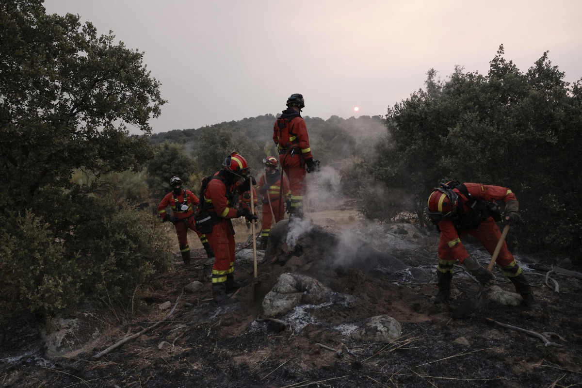 Firefighters battle a wildfire in Zarzalejo area, near El Escorial, 60 kms northwest of Madrid in the morning of July 25, 2026. Spanish firefighters hoped to get control of wildfires raging near Madrid on Saturday but an official warned that erratic winds threatened to fan the blazes further. (Photo by Oscar DEL POZO / AFP)
 