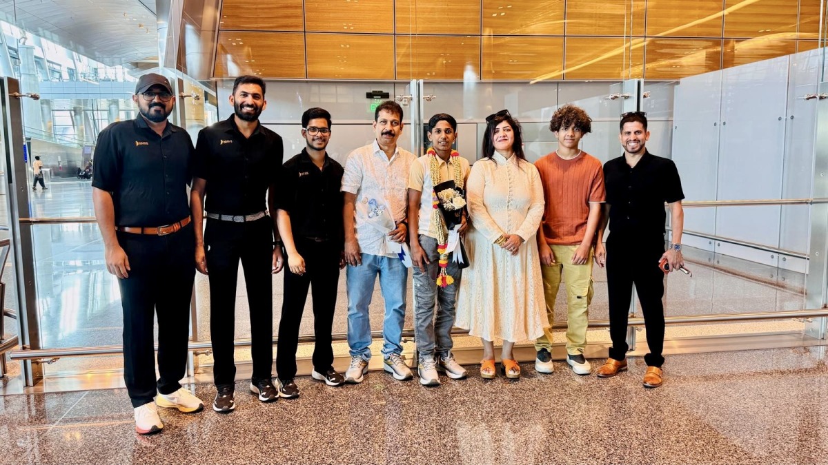 NVBS team welcomes Sree Eswar Shijo from Hamad international Airport Doha, Qatar. Standing (L–R): Ashif Ameerjan (Head Coach), Abhijith Venugopal (Head Coach), Alen George (Assistant Coach), Shijo K. P. (father of Sree Eswar), Sree Eswar Shijo, Banazir Manoj (CEO of NVBS), Mashal Manoj, and Manoj Sahibjan (Chief Coach).