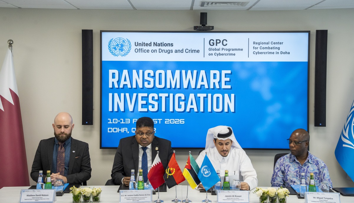Ambassador of Angola H E António Coelho Ramos da Cruz (second left) with  Ambassador of Mozambique H E Isac Mamudo Massamby (right) and Deputy Chief of the UNODC Regional Centre for Combating Cybercrime Jassim Yousuf Al-Kuwari at the event.