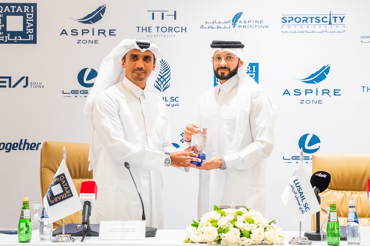 Qatari Diar CEO Sheikh Hamad bin Talal Al-Thani (left) and Lusail Sports Club Chairman Nawaf Mohammed Al-Mudahka during the sponsorship signing ceremony.