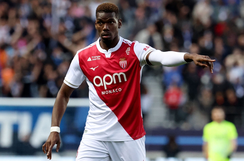 (FILES) Monaco's French midfielder #08 Paul Pogba gestures during the French L1 football match between Paris FC and AS Monaco at the Stade Jean-Bouin in Paris on April 10, 2026. (Photo by FRANCK FIFE / AFP)
