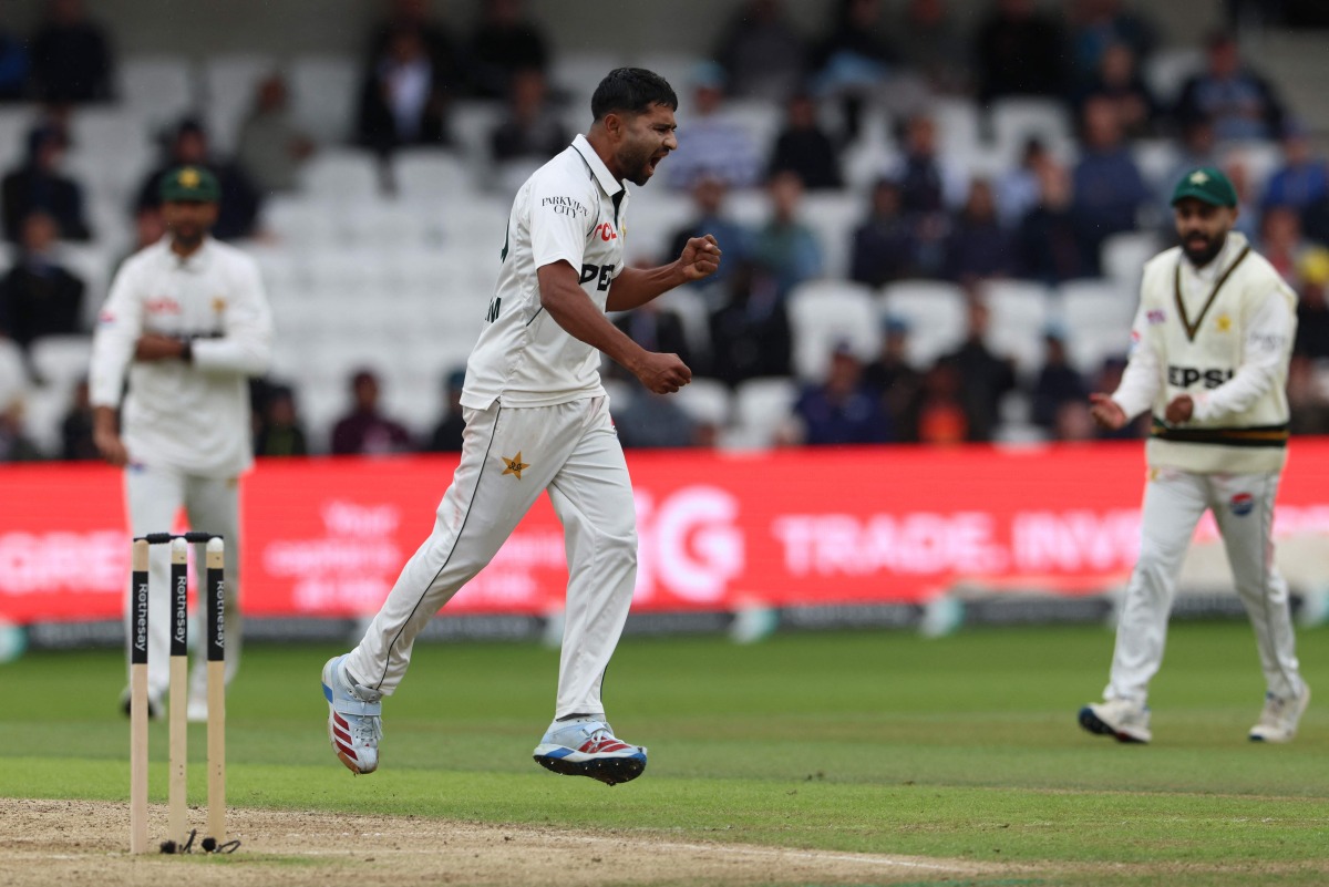 Pakistan's Khurram Shahzad celebrates taking the wicket England's Joe Root on day two of the first Test match between England and Pakistan at Headingley cricket ground in Leeds, northern England on August 20, 2026. (Photo by Darren Staples / AFP)
