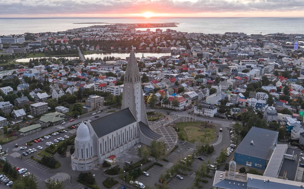 This aerial view taken on August 28, 2026, shows a panoramic view of Reykjavik, Iceland, with Hallgrimskirkja,  (Photo by Halldor KOLBEINS / AFP)