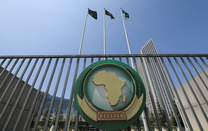 File photo showing the AU logo outside the headquarters building in Addis Ababa, Ethiopia. 
