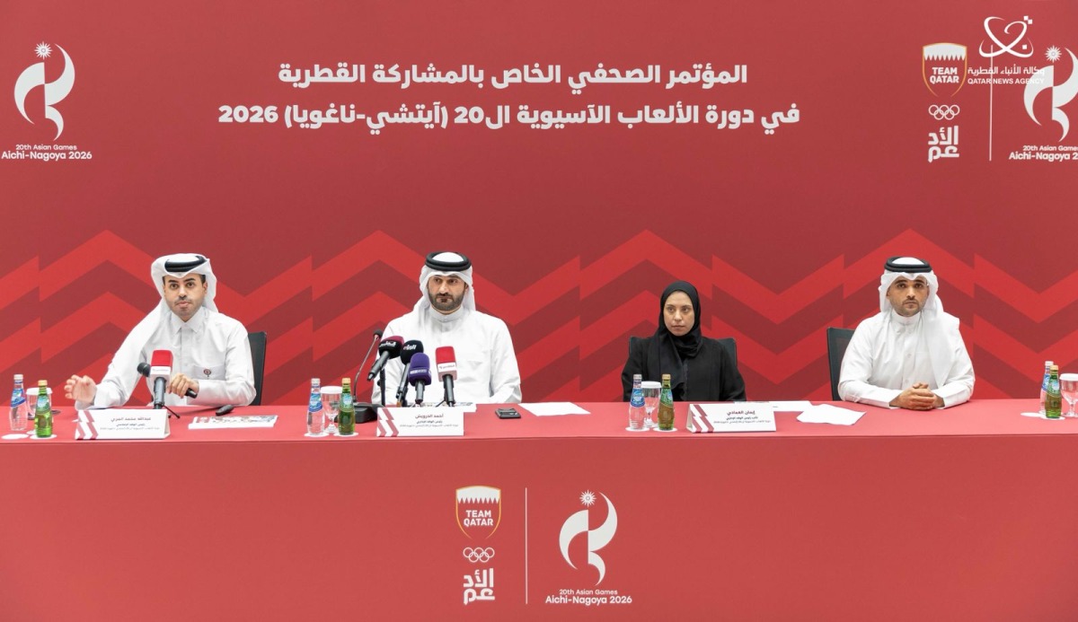 FROM LEFT: Head of the Media Delegation Abdullah Mohammed Al-Marri, Head of Qatar’s Administrative Delegation Ahmed Yousef Al-Darwish, Deputy Head of Qatar’s Administrative Delegation Iman Al-Emadi and Member of the Administrative Delegation Naji Al-Omari during a press conference in Doha yesterday.    