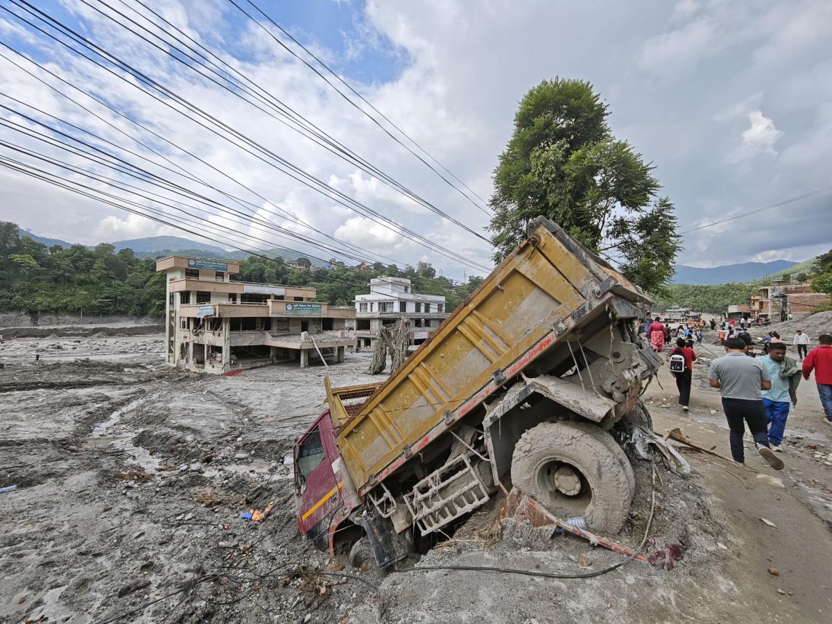 This photo taken on Aug. 31, 2026 shows a mudslide-affected area along the Trishuli River in Nuwakot, Nepal. (Xinhua/Zou Xuemian)