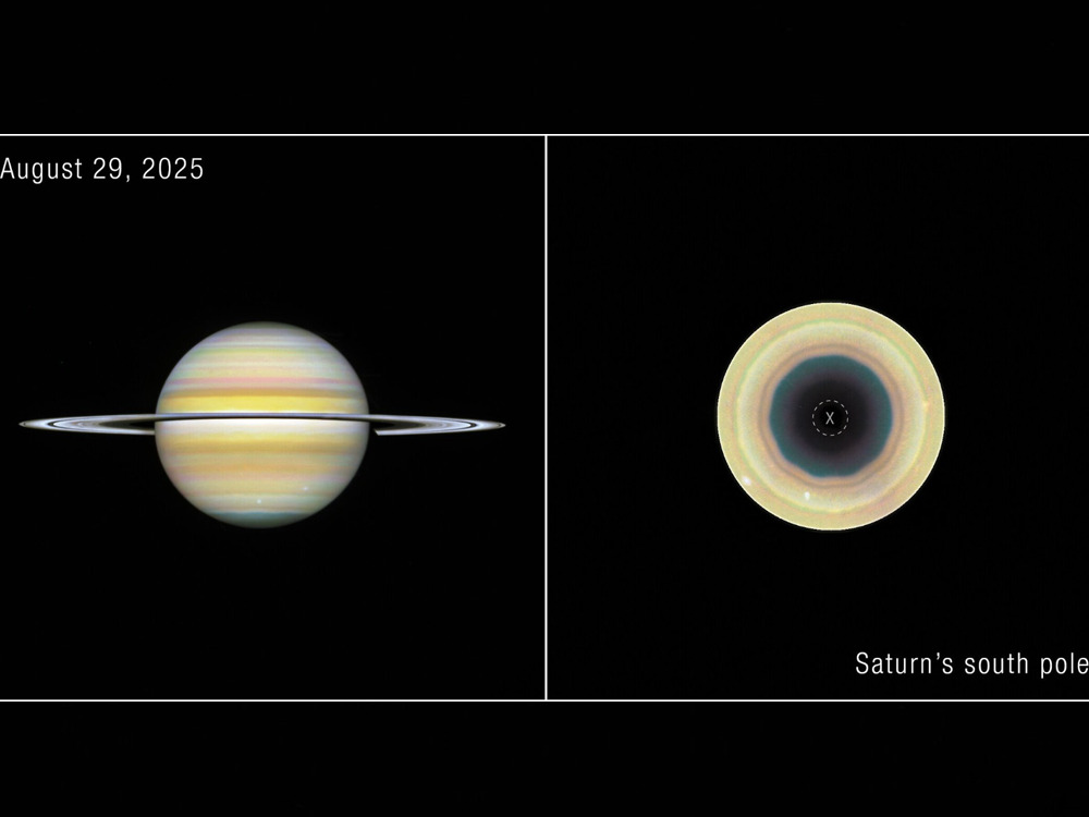 Side-by-side comparison of two views of the gas giant Saturn, labeled “August 29, 2025” at the top left corner. At left is a straight-on view of Saturn, a globe with pale yellow horizontal bands at the equator and orange and pink at the mid-latitudes. Some bands towards the north and south pole have a light blue hue. There are prominent horizontal rings circling at the equator. At right, labeled “Saturn’s south pole,” the south-polar view of Saturn shows concentric bands in its atmosphere, mostly tan and orange, surrounding a dark central region that has a 10-sided outline. A small, dashed circle at the very centre of the pole with an “X” inside denotes missing data. ( Photo from NASA, ESA, STScI, A. Sánchez-Lavega (University of the Basque Country), A. Simon (NASA-GSFC), M. Wong (UC Berkeley); Image Processing: A. Pagan (STScI)