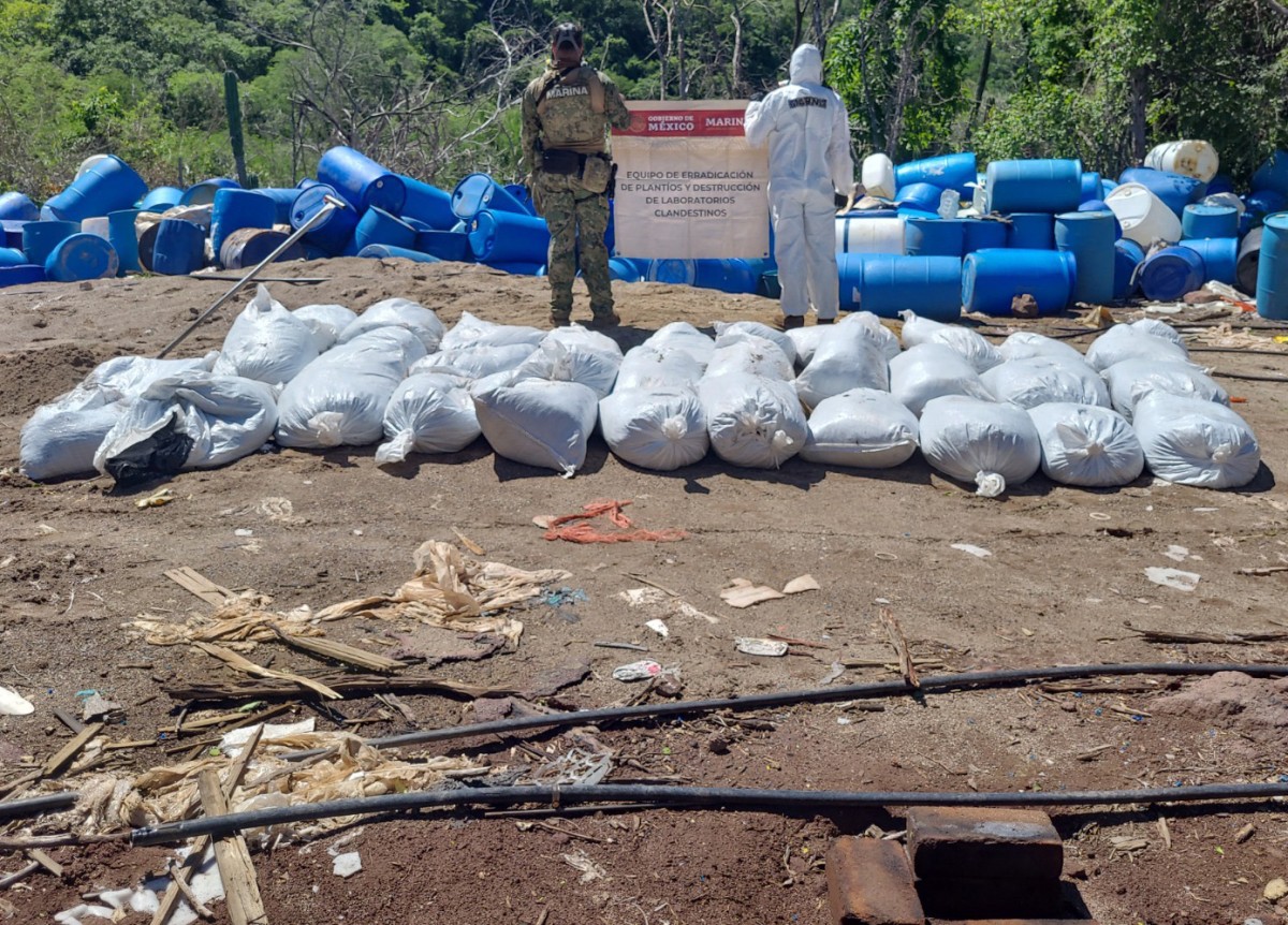 This handout picture released by Mexico’Secretariat of Security and Citizen Protection shows the seizure of synthetic drugs in the villages of Corralejo and Corral Viejo, in Sinaloa state, on September 2, 2026. Photo by HANDOUT / MEXICO'S SECRETARY OF SECURITY AND CIVIL PROTECTION (SSPC) / AFP