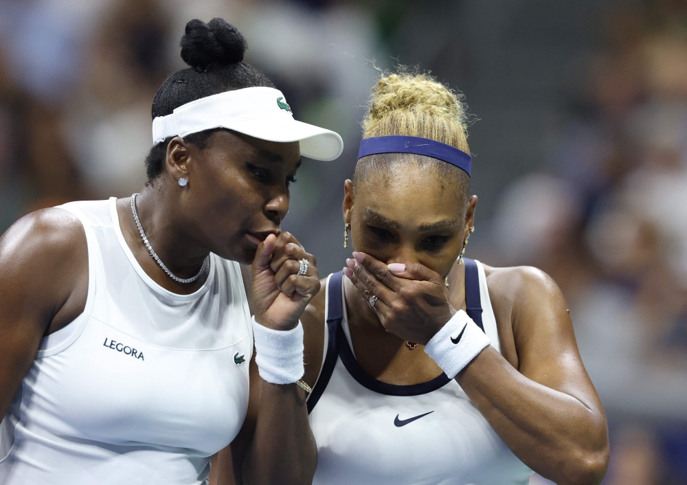 Venus Williams and Serena Williams of the United States in their Women's Doubles match against Hao-Ching Chan of Taiwan and Maya Joint of Australia on Day Six of the 2026 US Open at USTA Billie Jean King National Tennis Center on September 04, 2026 in the Flushing neighborhood of the Queens borough of New York City. Julian Finney/Getty Images/AFP (Photo by JULIAN FINNEY / GETTY IMAGES NORTH AMERICA / Getty Images via AFP)