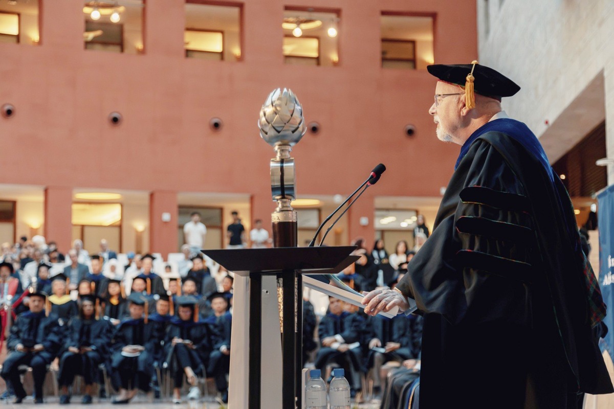 CMU-Q Dean Michael Trick addressing the students during the ceremony. 