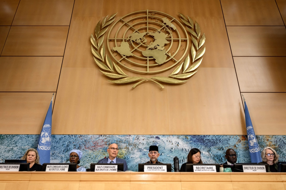 UN High commissioner for Human Rights Volker Turk (3rd L) delivers his speech during the 63rd session of United Nations (UN) Human Rights Council, in Geneva, on September 7, 2026. T(Photo by Fabrice COFFRINI / AFP)
 