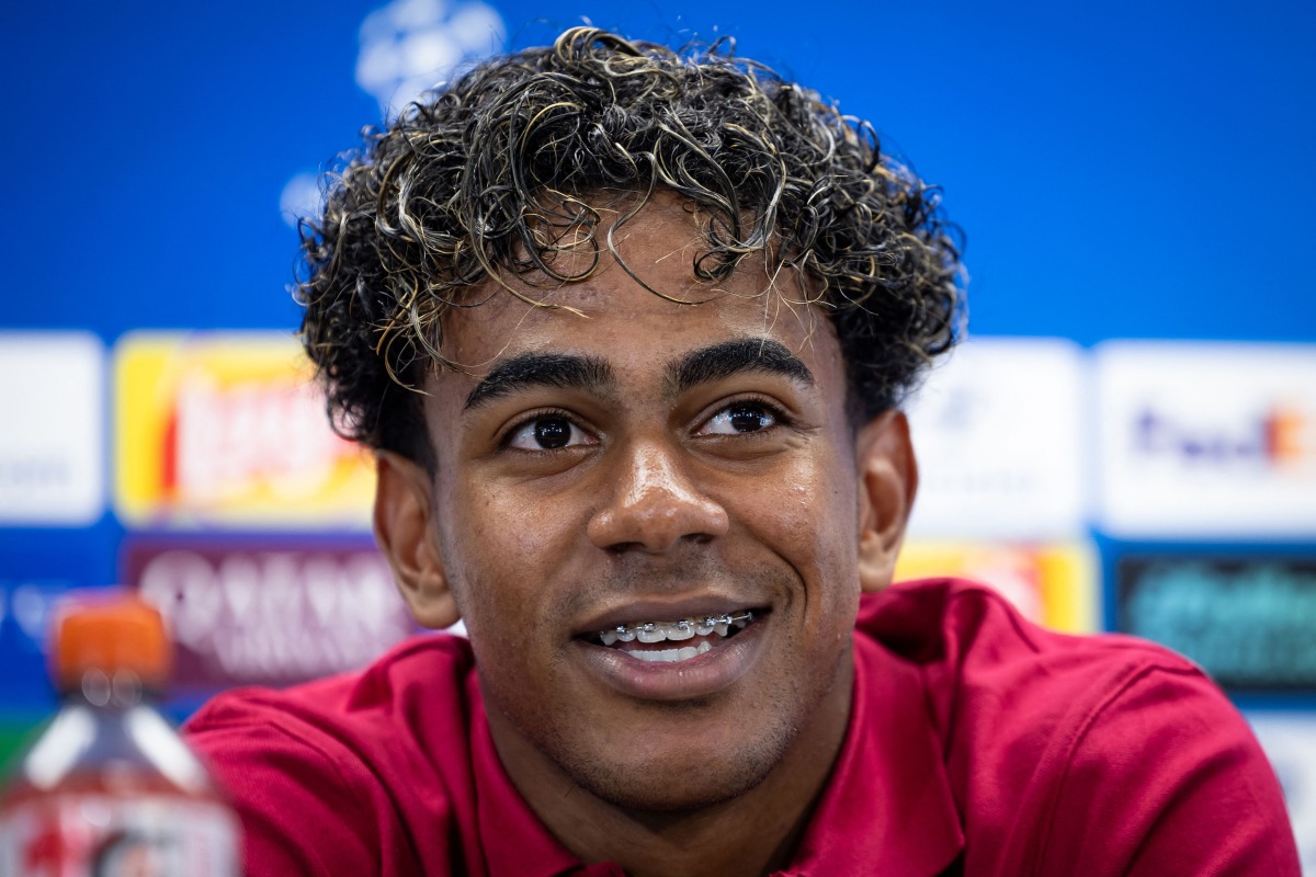 Barcelona's forward Lamine Yamal holds a press conference after a training session at the Joan Gamper training ground in Sant Joan Despi, near Barcelona, on September 8, 2026 on the eve of the UEFA Champions League first round day 1 football match against Feyenoord. (Photo by Josep LAGO / AFP)