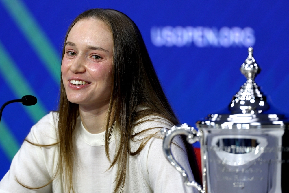Elena Rybakina of Kazakhstan fields questions from the media after defeating Aryna Sabalenka in their Women's Singles Final match on Day Fourteen of the 2026 US Open. Matthew Stockman/Getty Images/AFP 