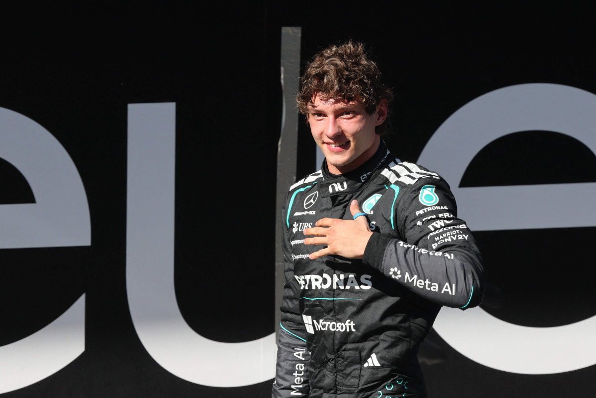 Mercedes' Italian driver Kimi Antonelli celebrates winning the Spanish Formula One Grand Prix at the Madring circuit on September 13, 2026 in Madrid. (Photo by Thomas COEX / AFP)