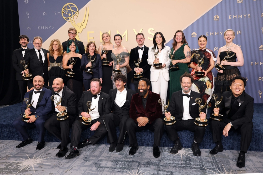 (L-R) Stephen Root, Dale Dickey, Jeff Hiller, Neil Casey, Kate O'Flynn, Kingston Rumi Southwick, Kevin Carroll, Matthew Rhys, Katie Dippold, Hiro Murai, and crew, winners of the Outstanding Comedy Series Award for 