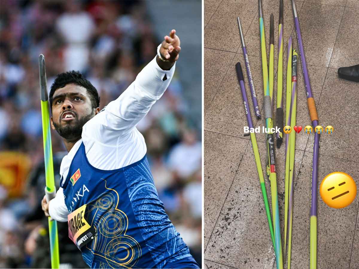 Rumesh Tharanga Pathirage in action (left) and photograph of his damaged javelins shared by the sports icon in his Instagram story. 