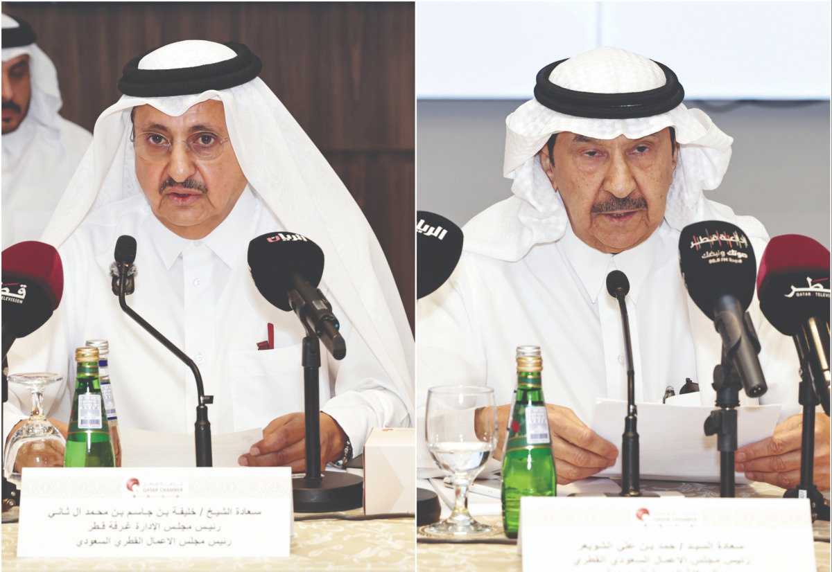 Chairman of QC and Qatari side of Joint Business Council of Sheikh Khalifa bin Jassim bin Mohammed Al Thani (left) and Chairman of Saudi side of the Joint Business Council Hamad bin Ali Al Shuwaier. Pic: Salim Matramkot