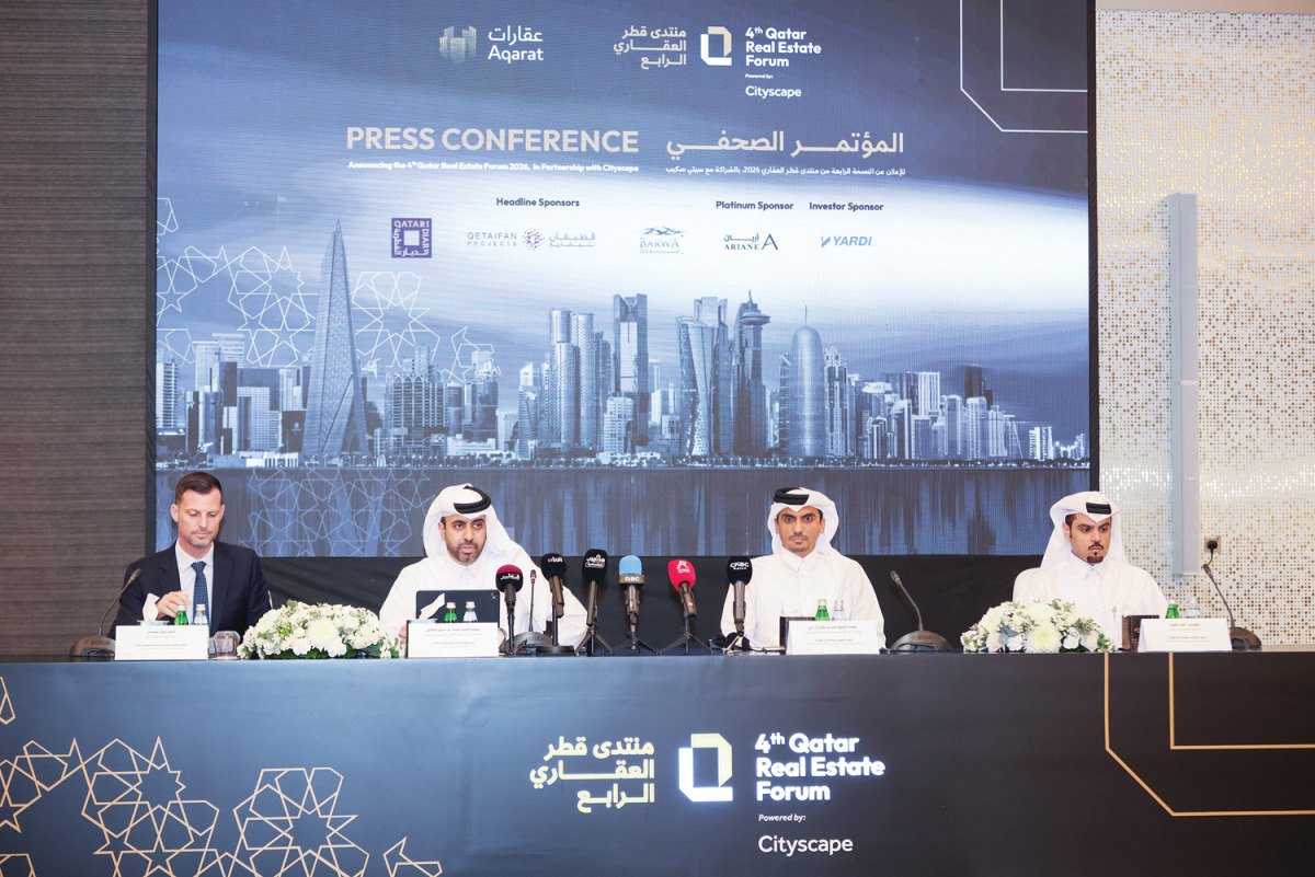 President of Aqarat, Mohammed bin Hassan Al Malki; Chief Commercial Officer at Informa Tharawat, Wouter Molman; CEO of Qatari Diar, Sheikh Hamad bin Talal Al Thani; and CEO of Barwa Real Estate Group, Eng. Ahmed Mohamed Al-Tayeb during the press conference yesterday.