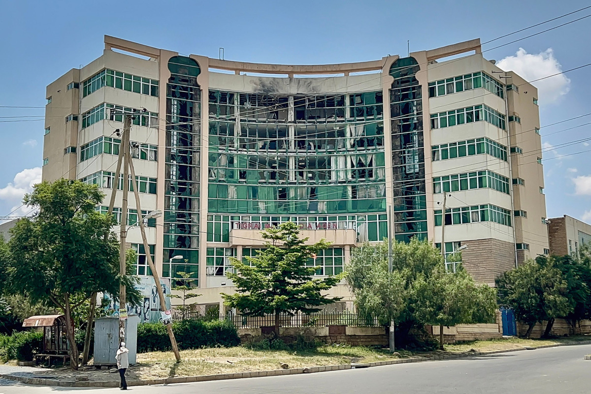 A general view of the damaged building housing Tigray TV, the state broadcaster of Ethiopia's Tigray region, following a drone strike in Mekelle on September 27, 2026. (Photo by AFP)