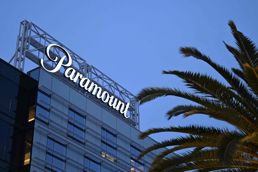 (Files) The Paramount logo is displayed at Columbia Square along Sunset Blvd in Hollywood, California on March 9, 2023. (Photo by Patrick T. Fallon / AFP)