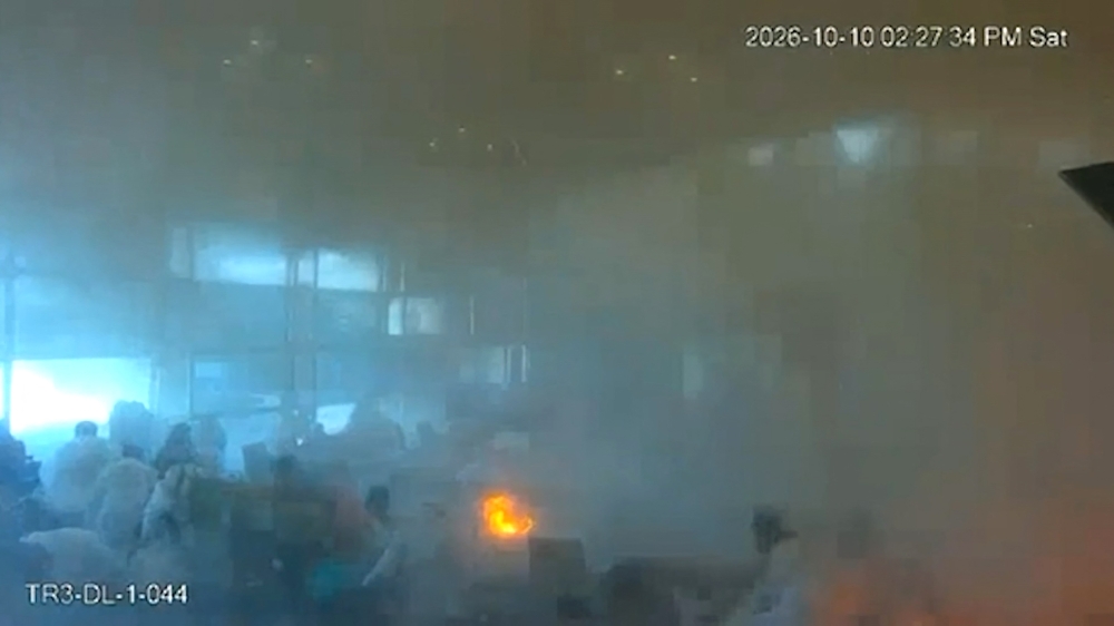 This screen grab taken from CCTV footage released by the Saudi Media Ministry on October 11, 2026, shows the moment Riyadh International was hit by a Houthi strike on October 10, 2026. (Photo by Saudi Media Ministry / AFP) 