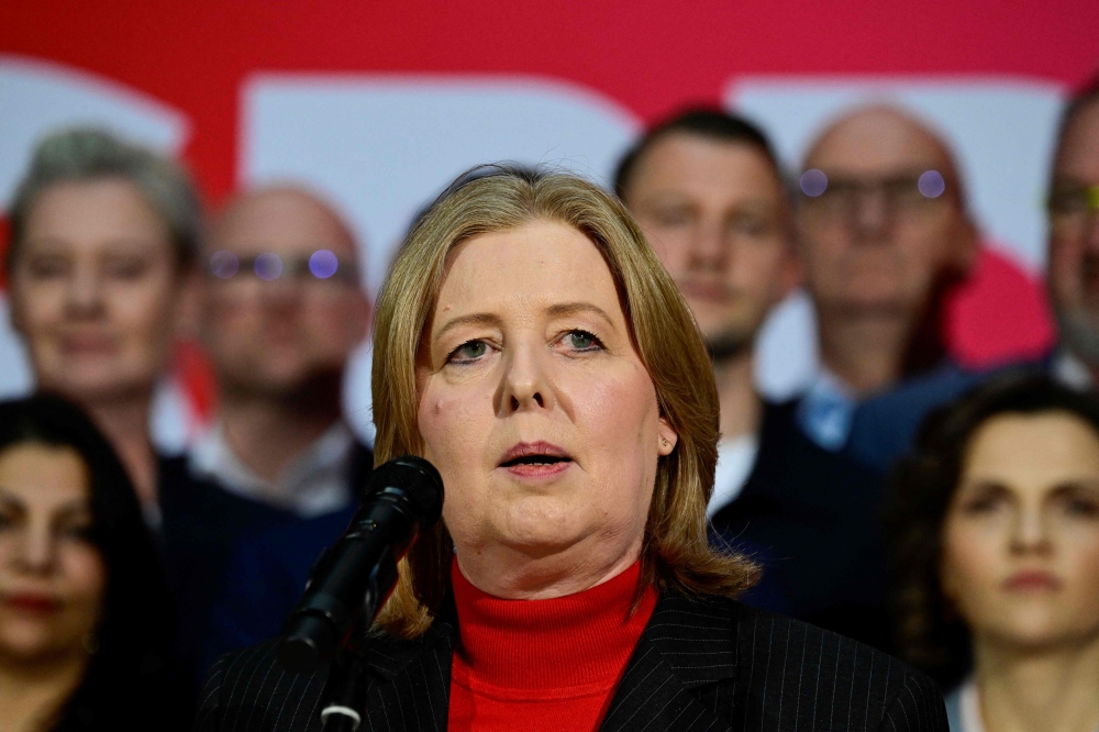 (Files) Co-leader of Germany's Social Democratic Party (SPD) Baerbel Bas addresses journalists in Berlin on March 27, 2026. (Photo by John MacDougall / AFP)