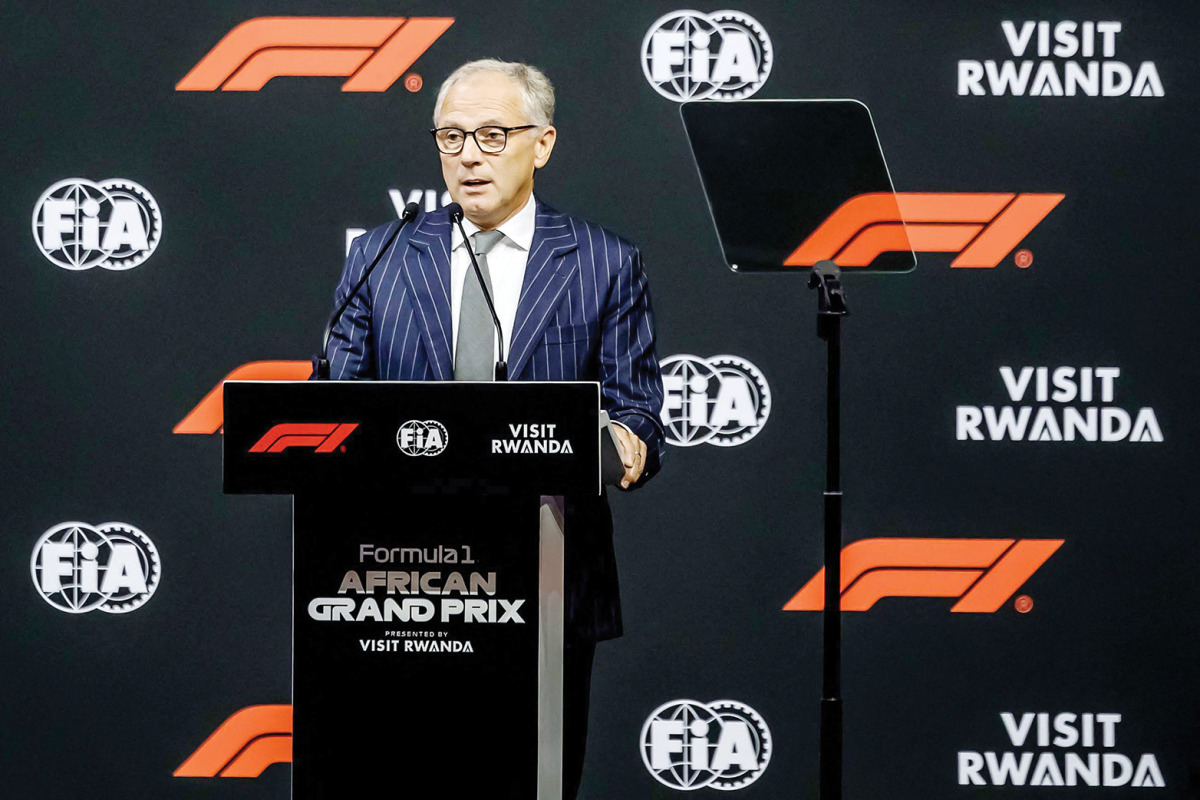 Italian motorsport executive President and CEO of the Formula One Group Stefano Domenicali delivers remarks during the announcement of the Formula 1 African Grand Prix at BK Arena in Kigali yesterday. 