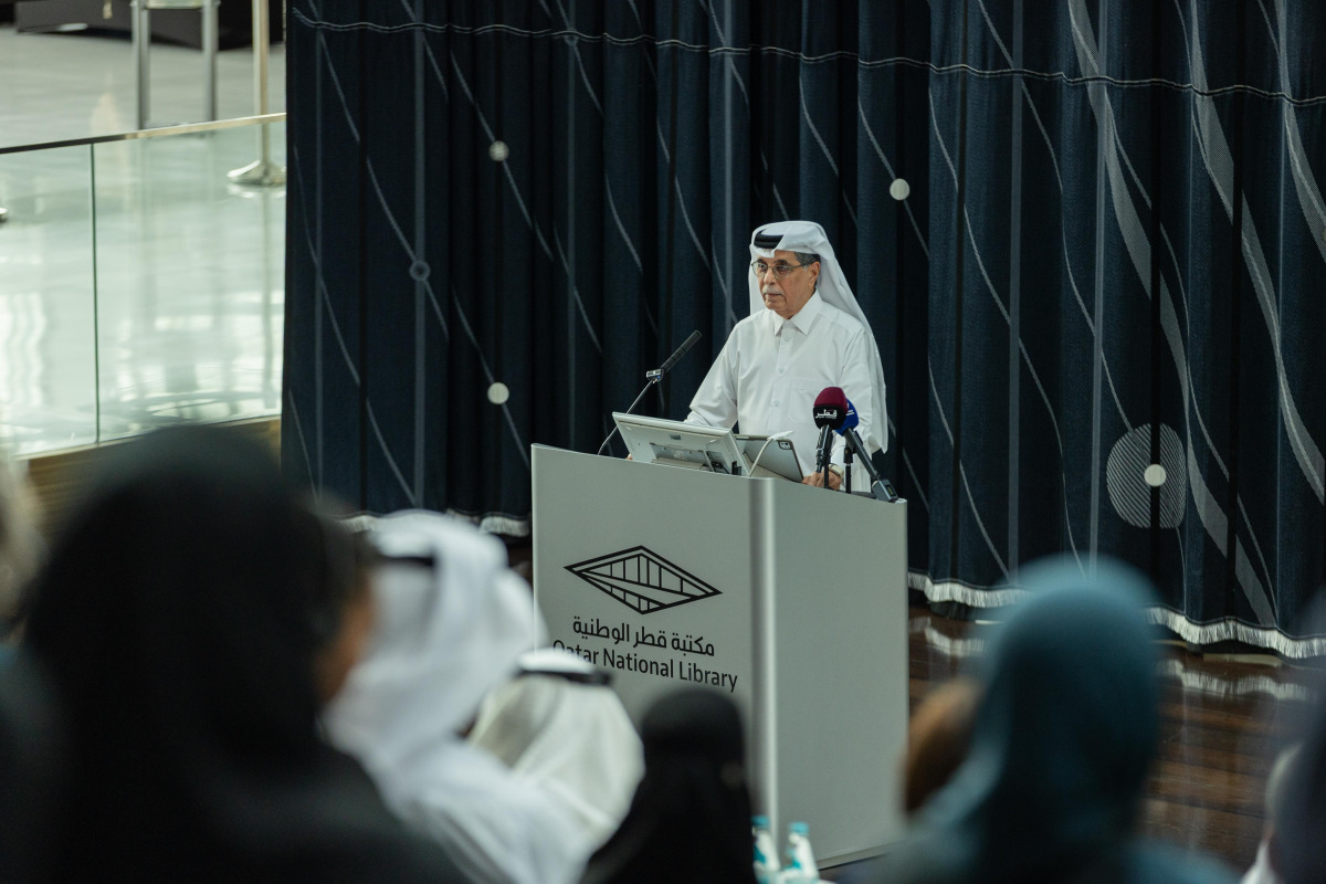 Minister of State and President of Qatar National Library H E Dr. Hamad bin Abdulaziz Al-Kawari addressing the event. 