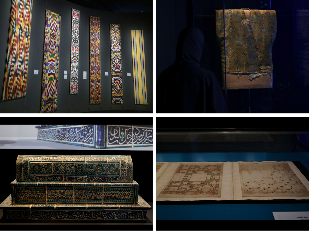 Clockwise from top left: Embroideries displayed at the exhibition, silk robe worn during earlier centuries, 16-century Tashkent Scrolls, and a centuries-old cenotaph. All pictures by Salim Matramkot / The Peninsula