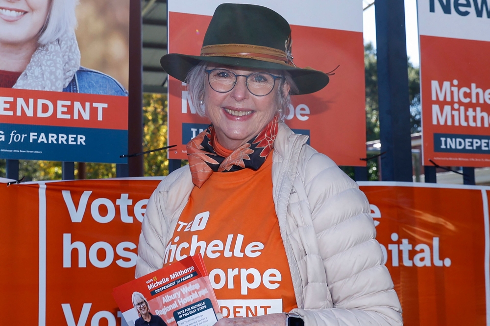 (FILES) Helen Haines, independent MP for the neighbouring electorate of Indi, poses during the Farrer By-Election in Albury, New South Wales on May 9, 2026. (Photo by HILARY WARDHAUGH / AFP)  