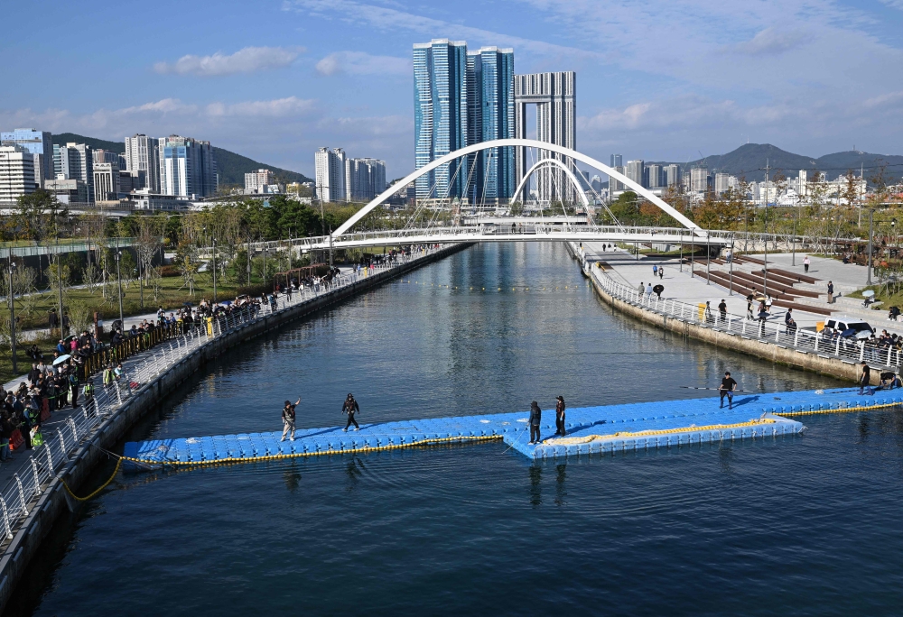 South Korean officials take part in an operation to guide a 3.5-metre shark back to the sea on October 21, 2026. (Photo by Jung Yeon-je / AFP)