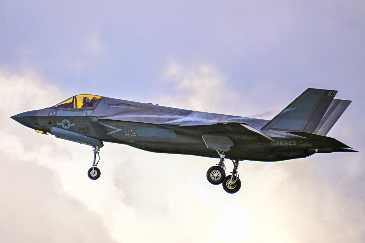 A US Marines' Lockheed Martin F35-B jet prepares to land at Jose Aponte de la Torre Airport, formerly Roosevelt Roads Naval Station, on September 13, 2025, in Ceiba, Puerto Rico. Photo by Miguel J. Rodriguez Carrillo / AFP