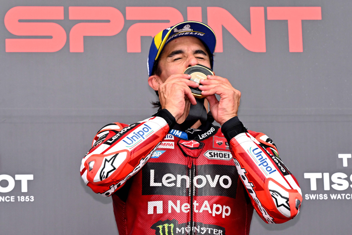 Marc Marquez celebrates after winning the MotoGP sprint. 