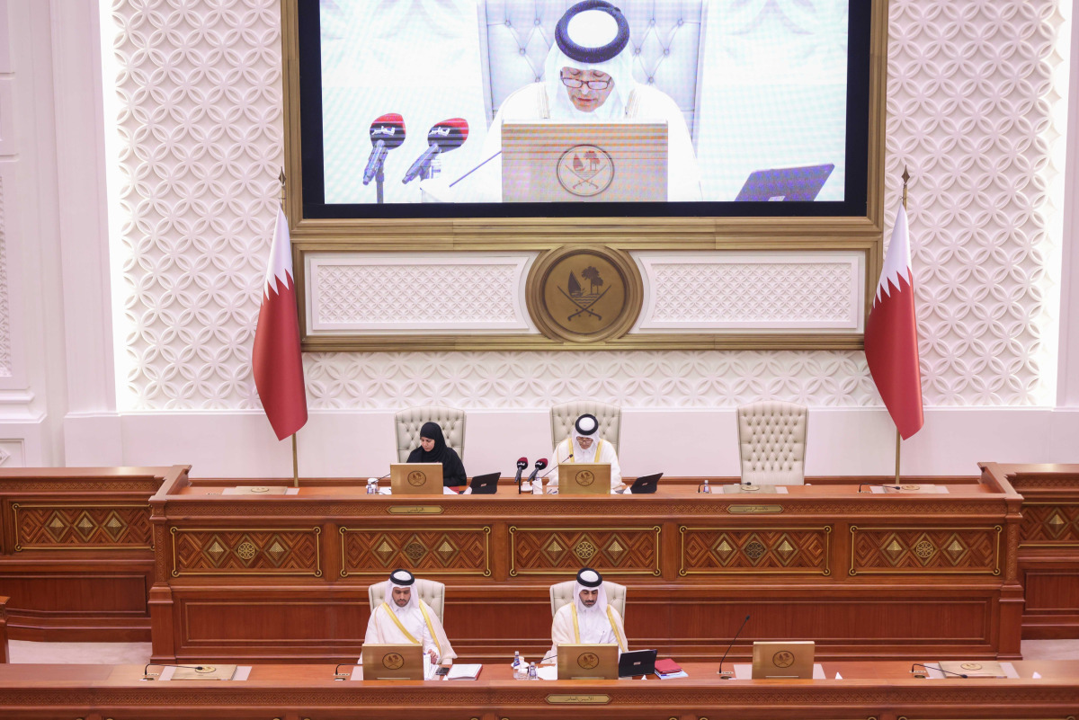 Speaker of the Shura Council H E Hassan bin Abdullah Al Ghanim chairing the Council's session.