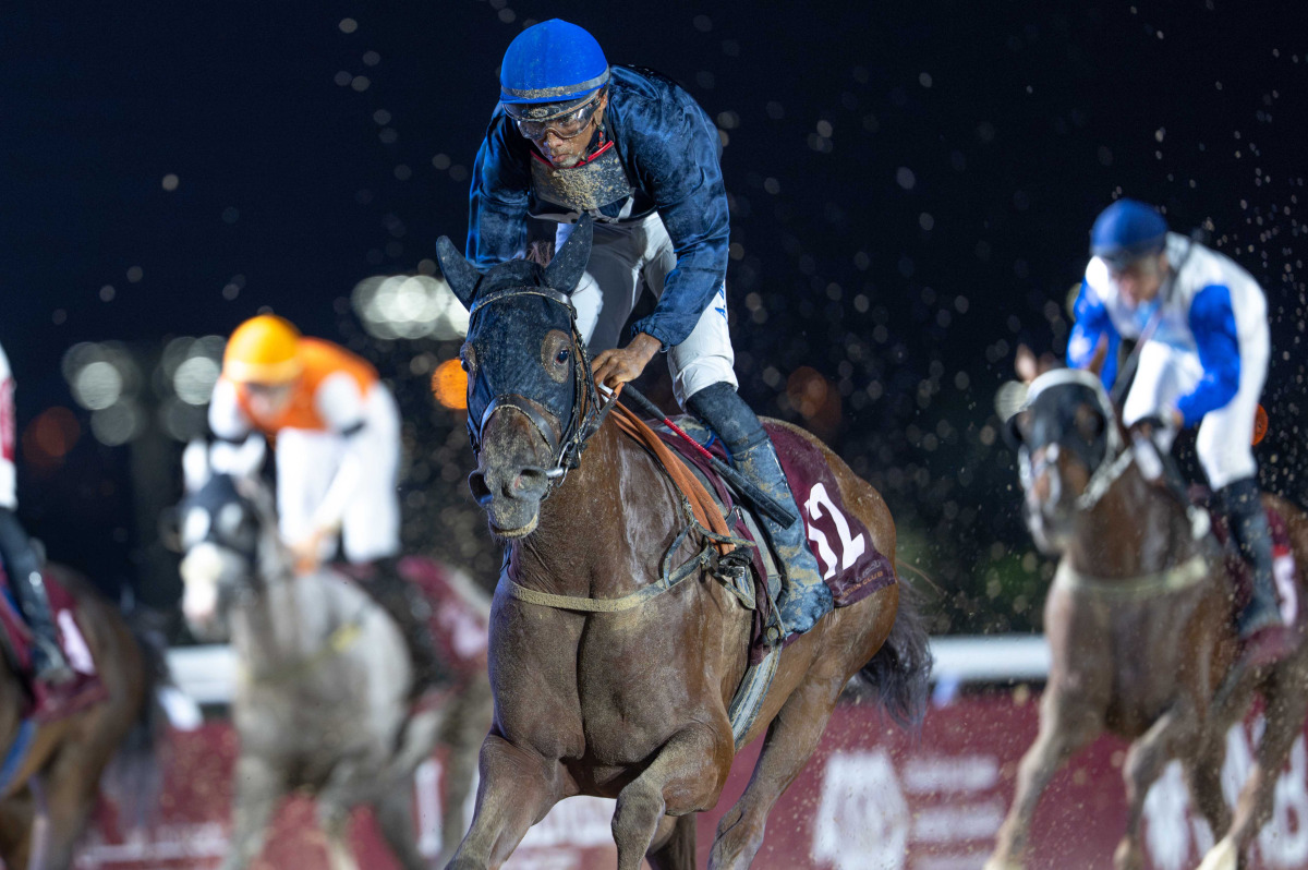 Jockey Arnaud De Lepine guides Umm Wishah to Al Beshariyah Cup win. PICS: JUHAIM/QREC